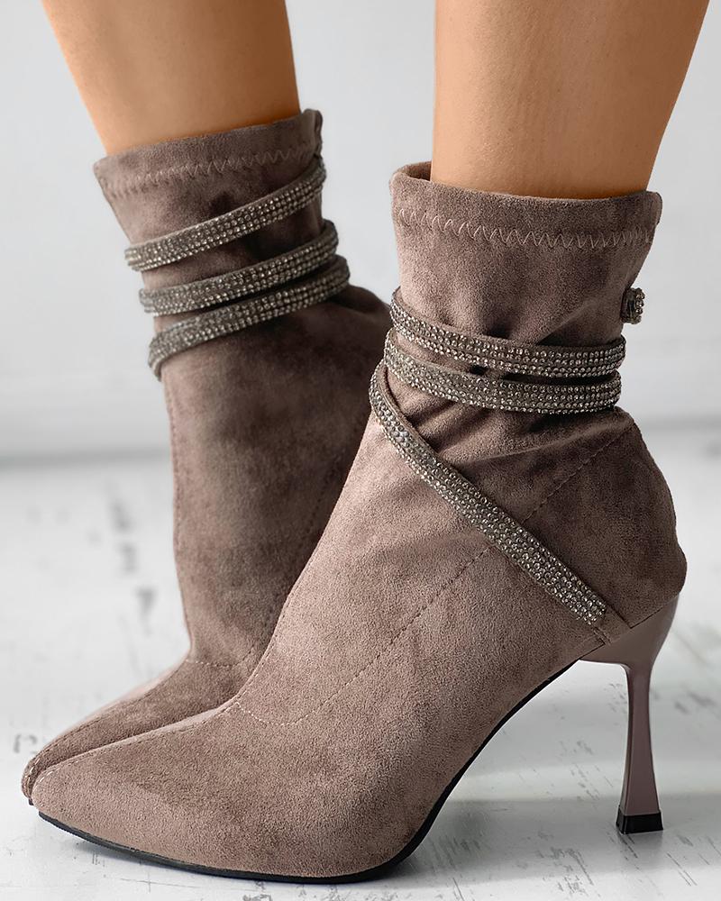 

Rhinestone Decor Pointed Toe Suede Heeled Boots, Coffee