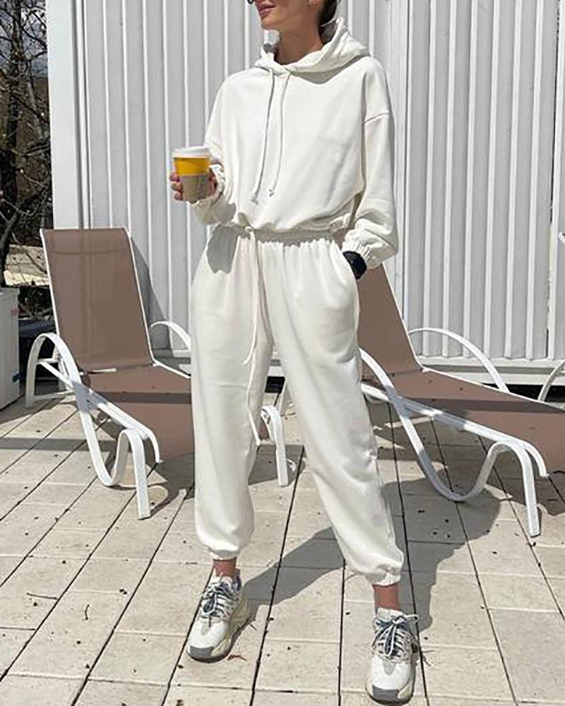 

Long Sleeve Hooded Sweatshirt & Pocket Design Pants Set, White