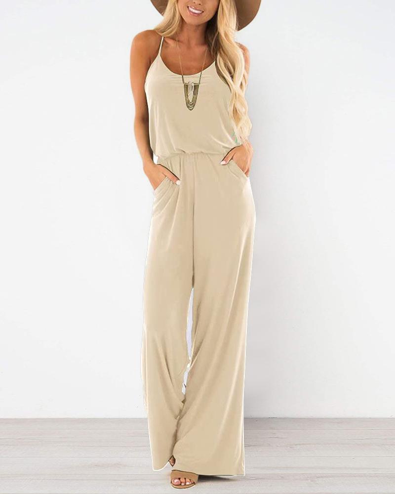

Spaghetti Strap Pocket Design Jumpsuit, Apricot