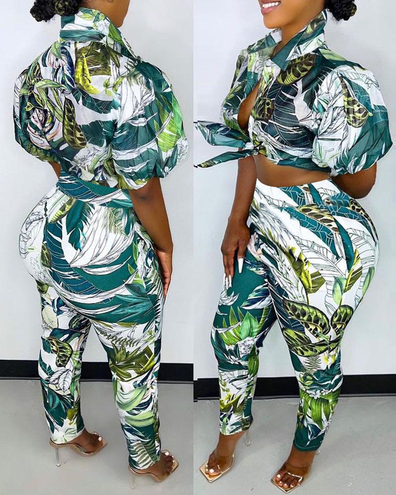 

Tropical Print Puff Sleeve Top & Pants Set With Belt, Green