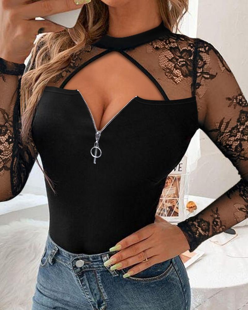 

Contrast Lace Long Sleeve Cutout Top, Black