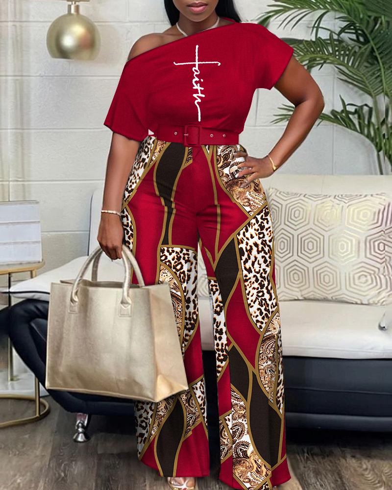 

Faith Baroque Leopard Print Skew Neck Straight Leg Jumpsuit, Red