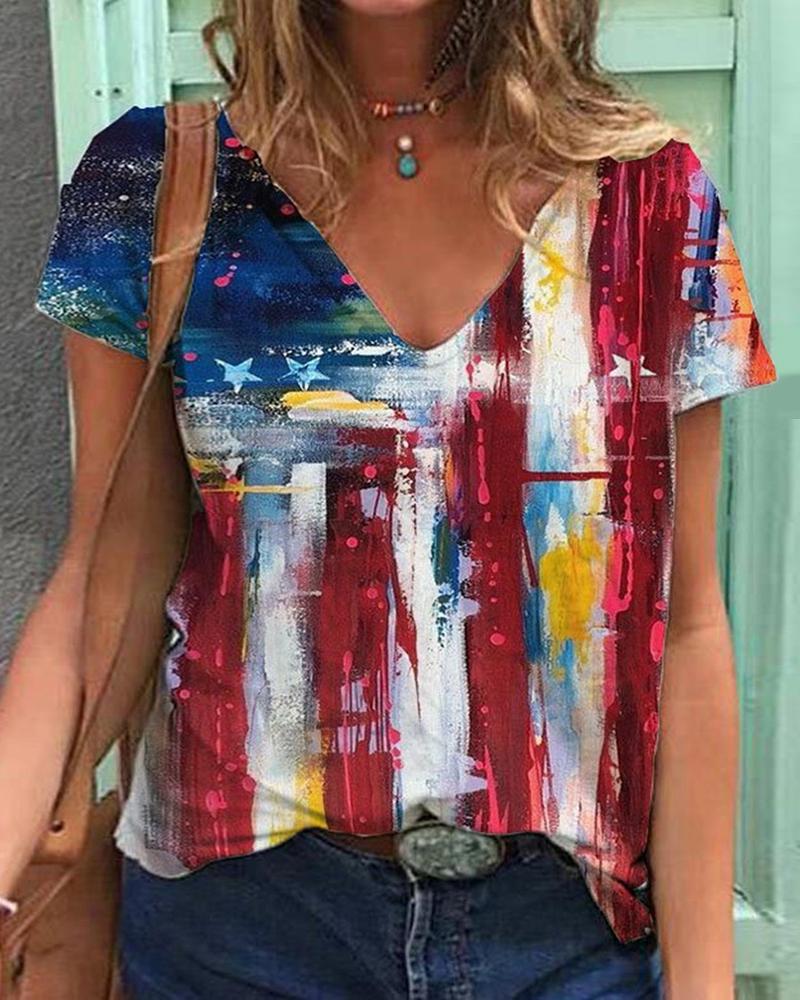 

Independence Day Colorblock Flag Pattern Print T-shirt, Red