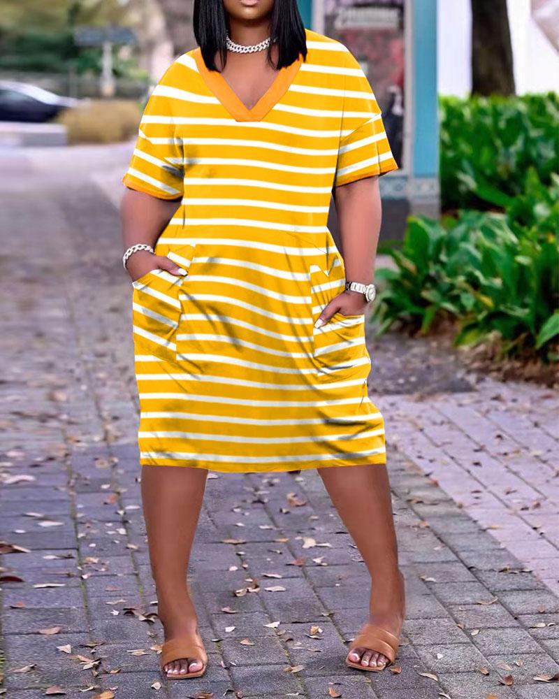 

Plus Size Striped Print Pocket Detail Casual Dress, Yellow