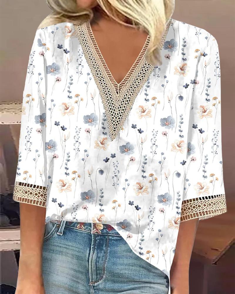 

Floral Print Contrast Lace Top, White