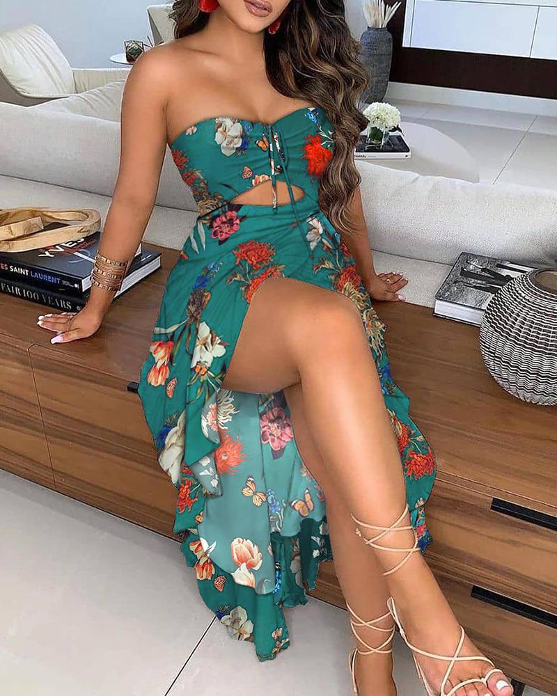 

Floral Butterfly Print Cutout Ruffle Hem Bandeau Dress, Green