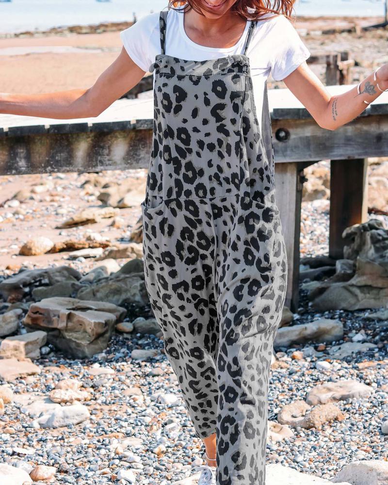 

Leopard Print Sleeveless Pocket Design Jumpsuit, Gray