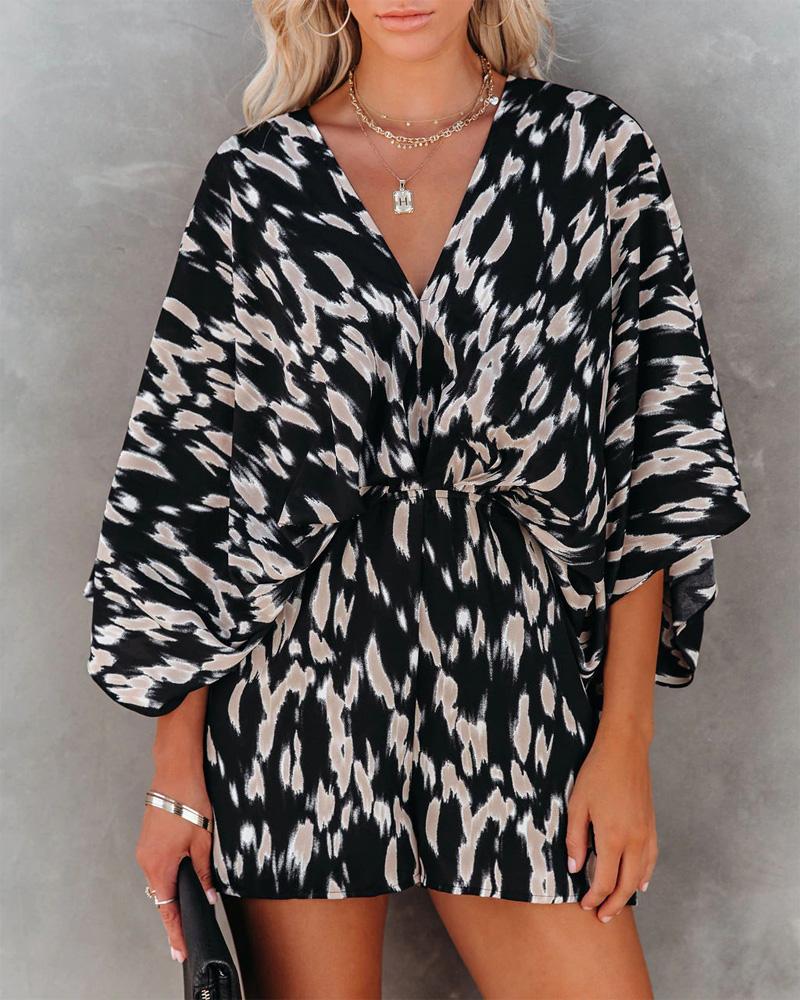 

Allover Print Batwing Sleeve Tied Detail Romper, Black