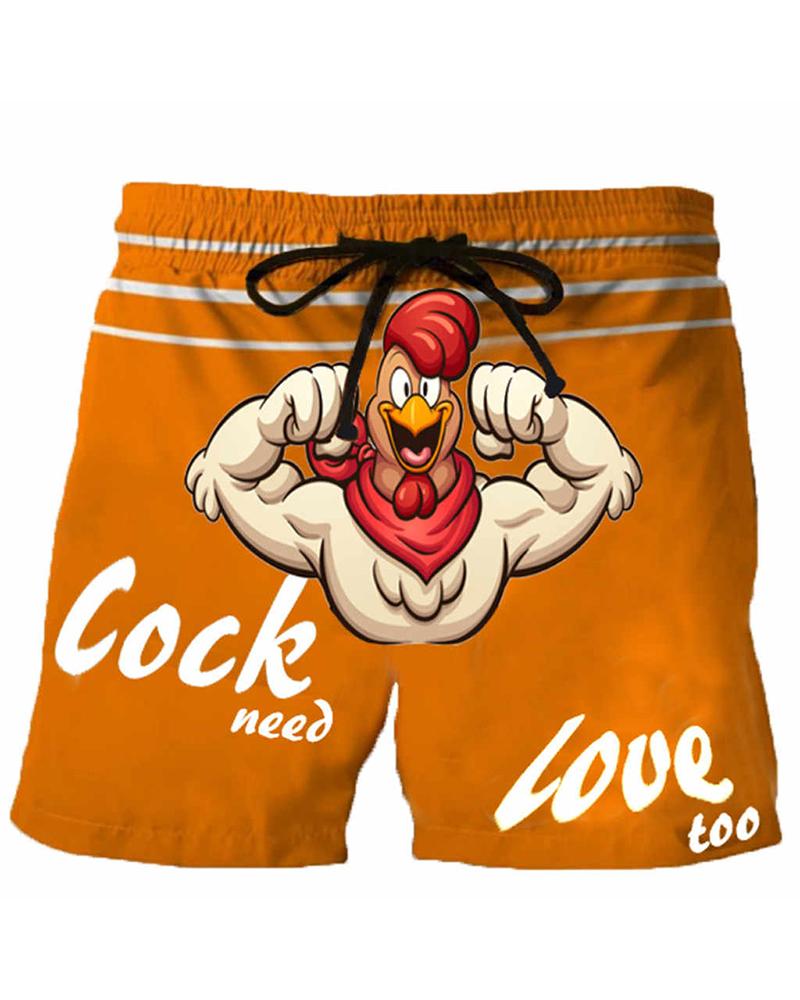 

Rooster Cartoon Print Loose Drawstring Shorts, Orange