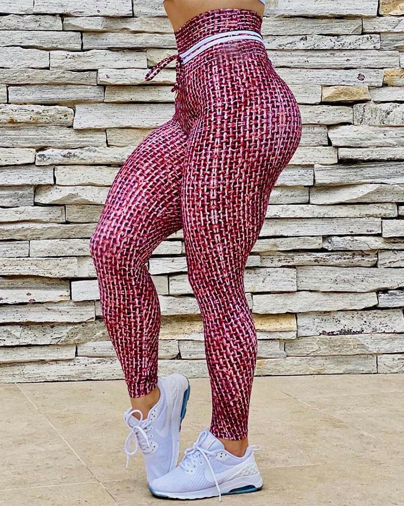 

High Waist Allover Print Drawstring Leggings, Red