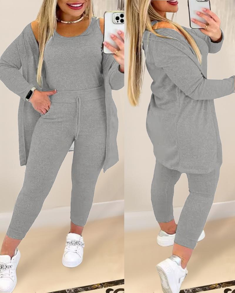 

Plus Size Round Neck Tank Top & Drawstring Pants Set With Coat, Gray