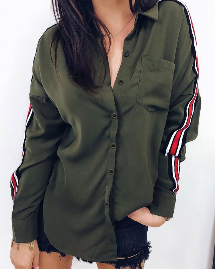 

Colorful Striped Tape Pocket Design Shirt, Army green