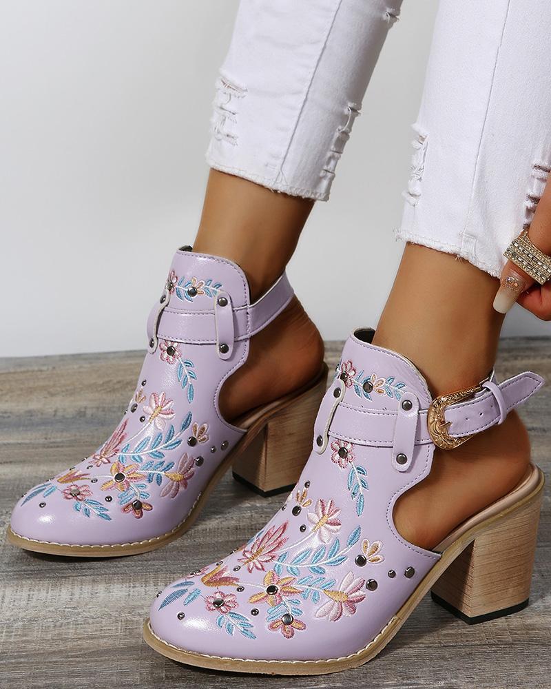 

Floral Embroidery Studded Slingback Buckled Boots, Purple