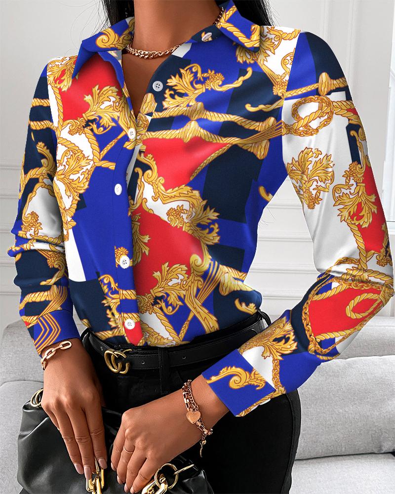 

Baroque Print Button Up Long Sleeve Top, Multicolor