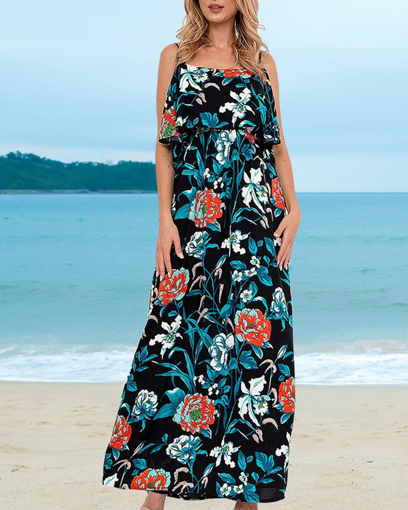 

Floral Print Skinny Waist Sling Maxi Dress, Blue