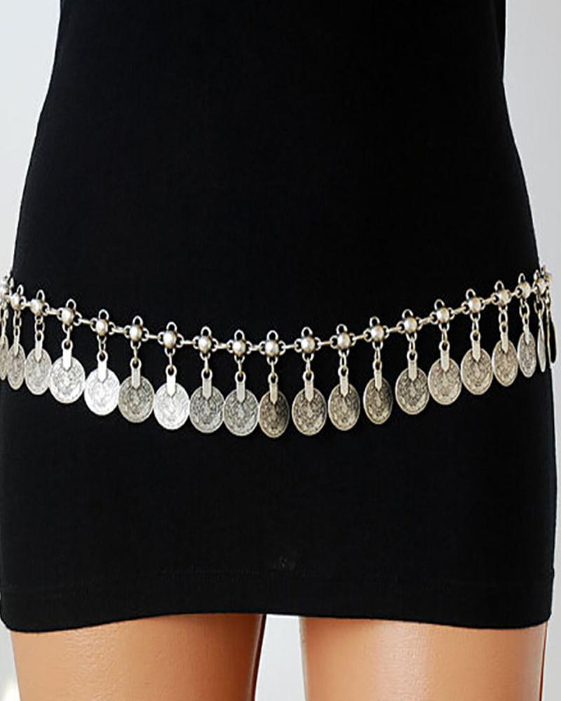 

Floral Pattern Coin Decor Waist Chain, Silver