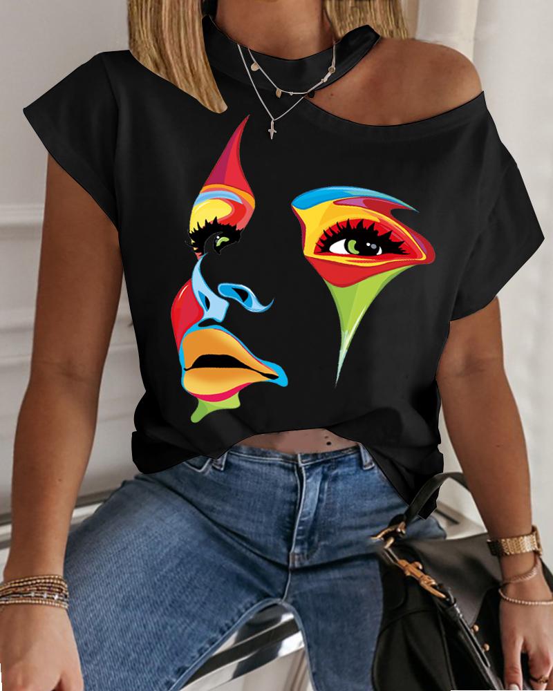 

Cold Shoulder Figure Print Short Sleeve Casual T-shirt, Black