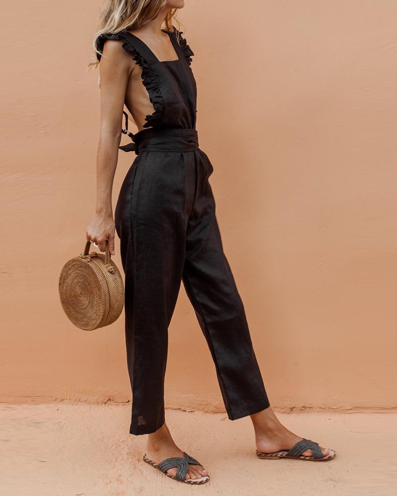 

Frill Hem Pocket Design Sleeveless Jumpsuit, Black