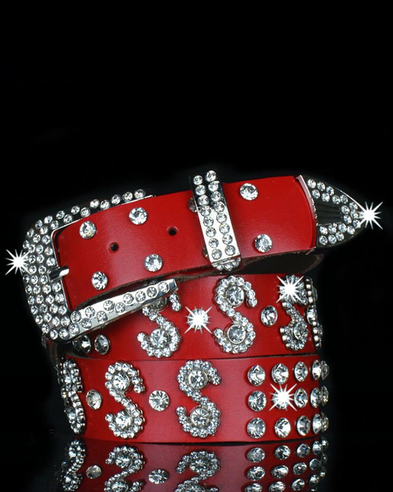 

Letter Pattern Rhinestone Decor Buckled PU Leather Belt, Red
