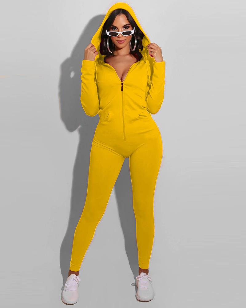 

Plain Zipper Pocket Design Hooded Skinny Jumpsuit, Yellow