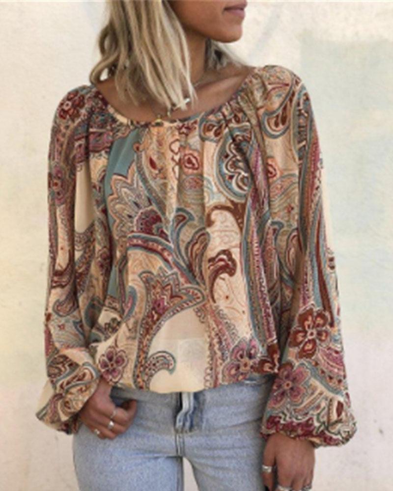 Women's Folk Flower Paisley Print Long Sleeve Comfortable Cotton Shirt main image 1