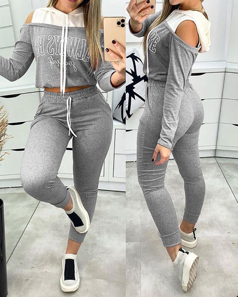 

Cold Shoulder Colorblock Letter Print Hooded Top & Drawstring Pants Set, Gray