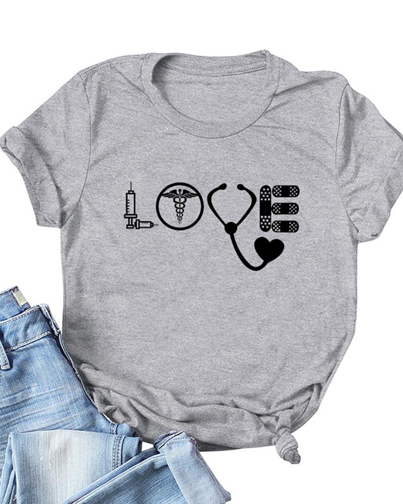 

Valentine' Day Graphic Heart Print Casual T-shirt, Gray
