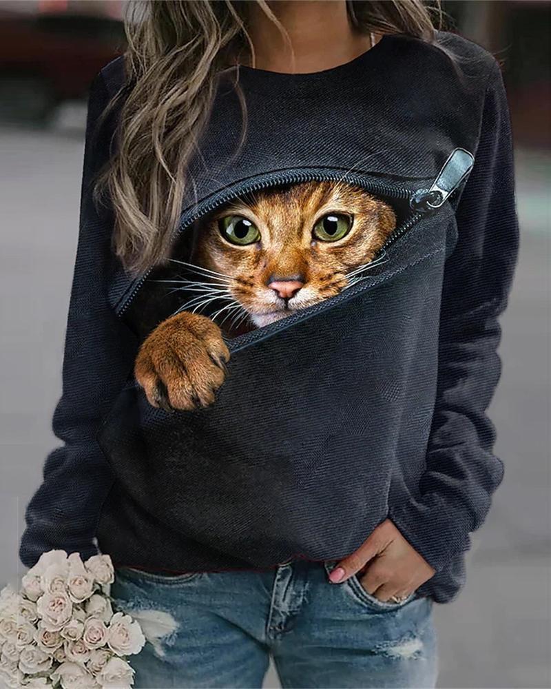 

Cute 3D Cat Print Long Sleeve Casual Top, Black