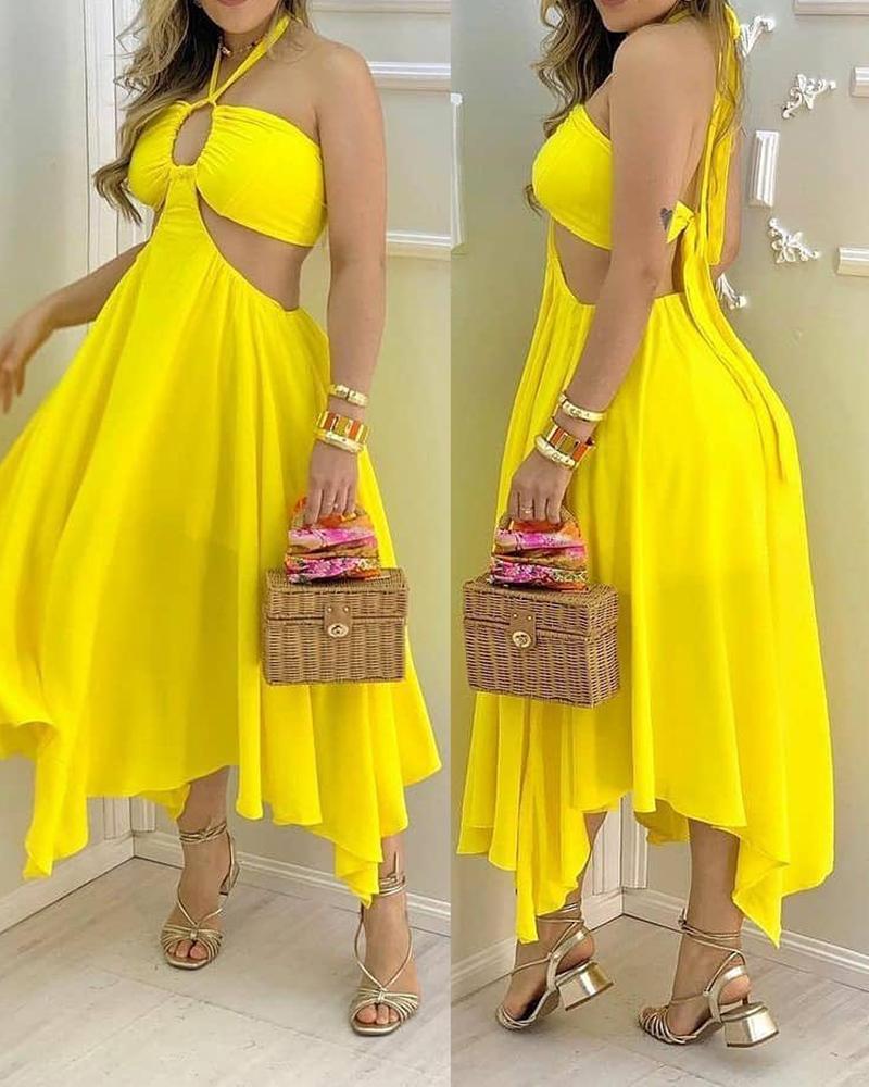 

Halter Backless Cutout Ruched Party Dress, Yellow