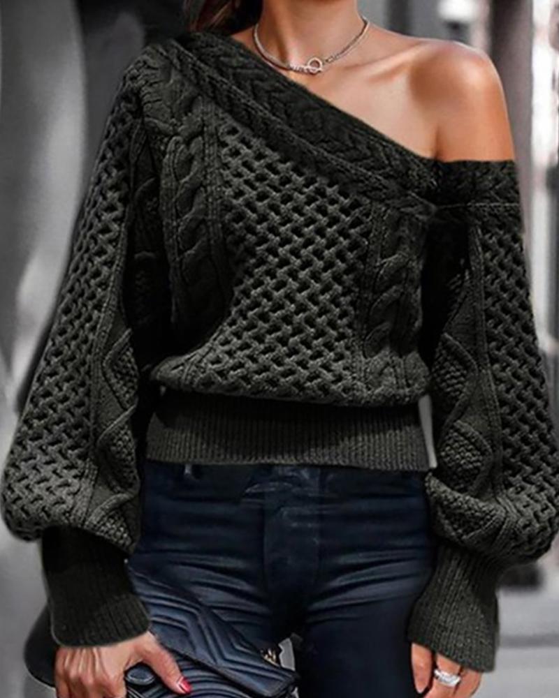 

Plain Cable Knit Lantern Sleeve Knit Sweater, Black