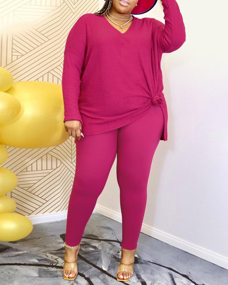 

Plus Size Split Hem Long Sleeve Top & Pants Set, Hot pink