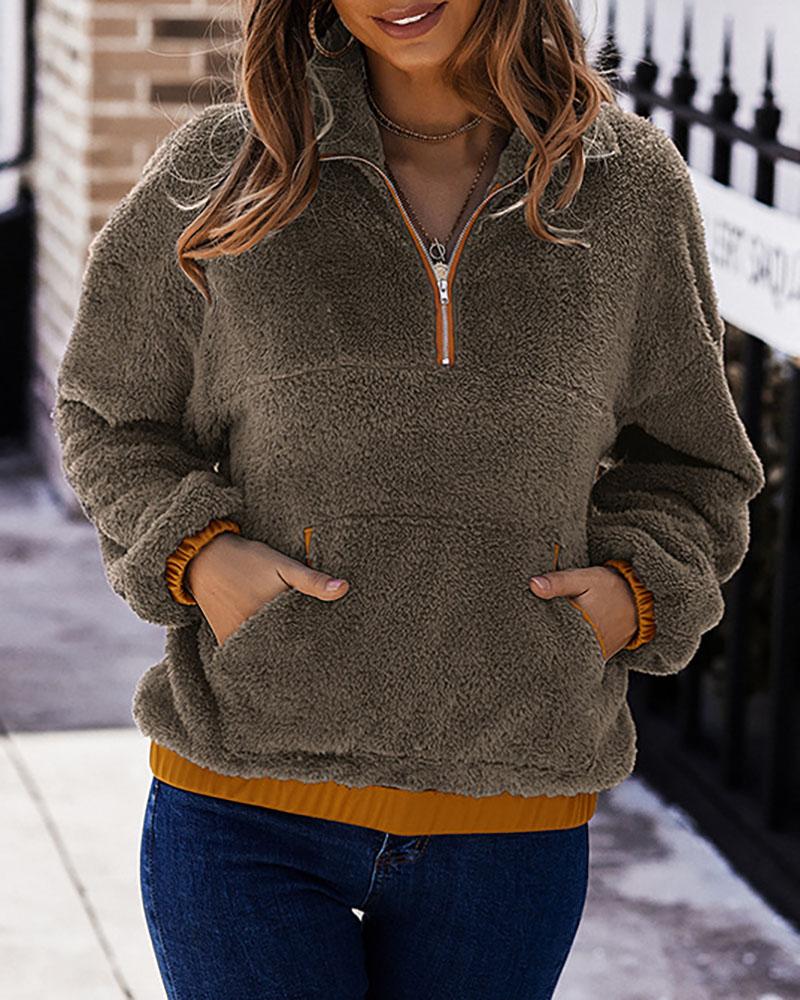 

Long Sleeve Fluffy Zipper Pocket Design Top, Khaki