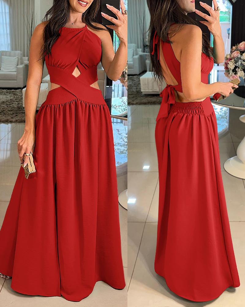 

Vestido de noite glamoroso com decote em V e babados, sem mangas, com detalhe de amarração, cruzado e evasê, Red