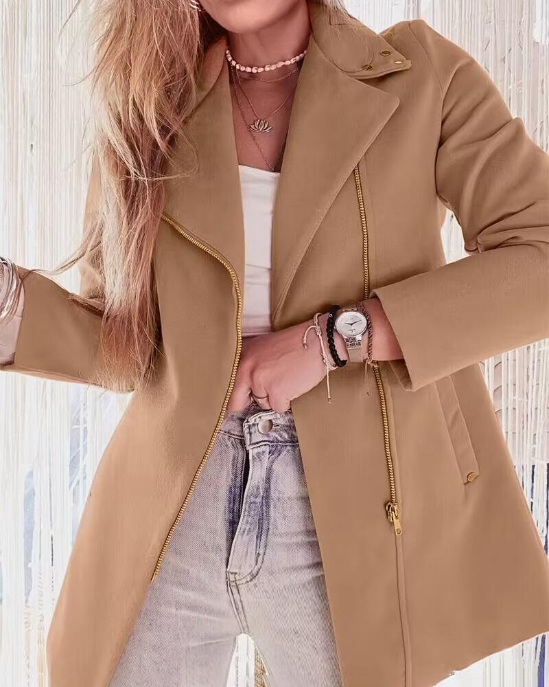 

Manteau à col cranté avec fermeture à glissière cloutée et poche, Khaki