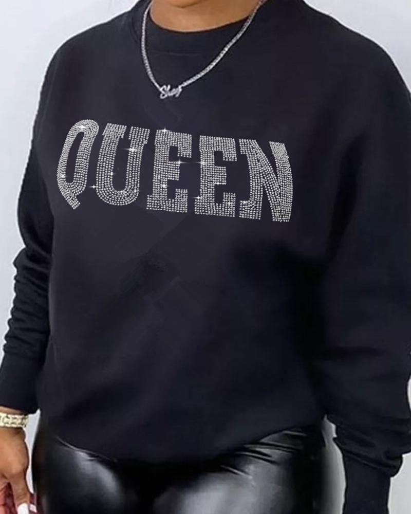

Plus Size Rhinestone Letter Queen Pattern O-Neck Sweatshirt, Black