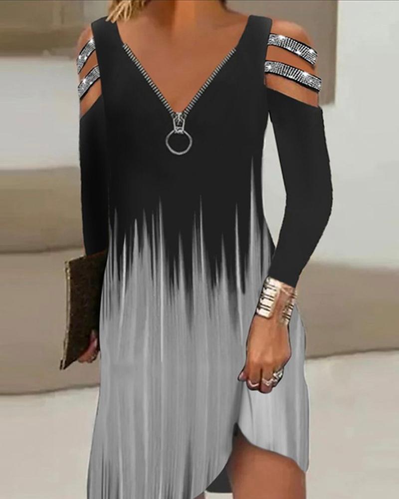 

Ombre Print Zip Detail Cold Shoulder Casual Dress, Black