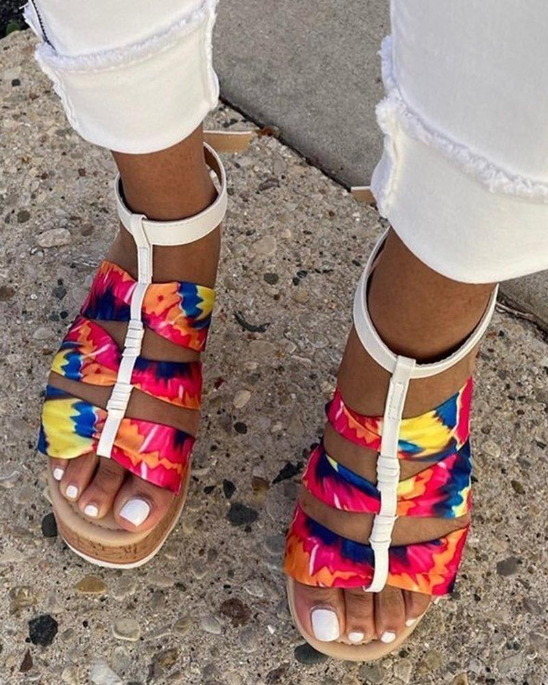 

Round-toe Color Block Hollow-out Platform Sandals, Multicolor
