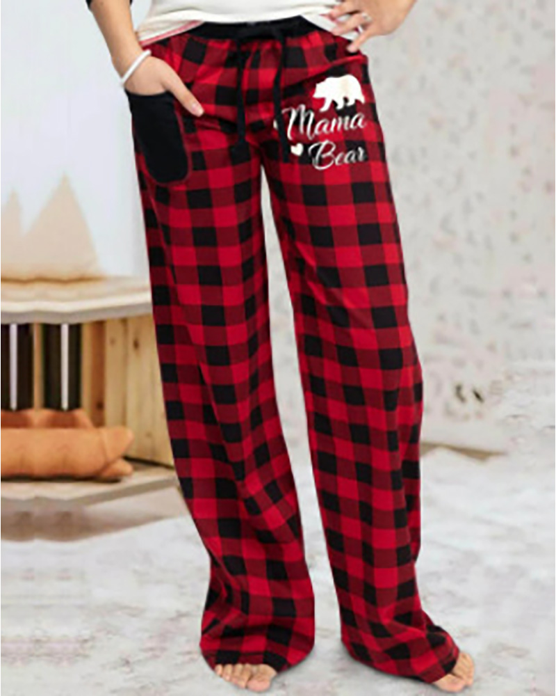 

Christmas Graphic Plaid Letter Print Pocket Design Pants, Red