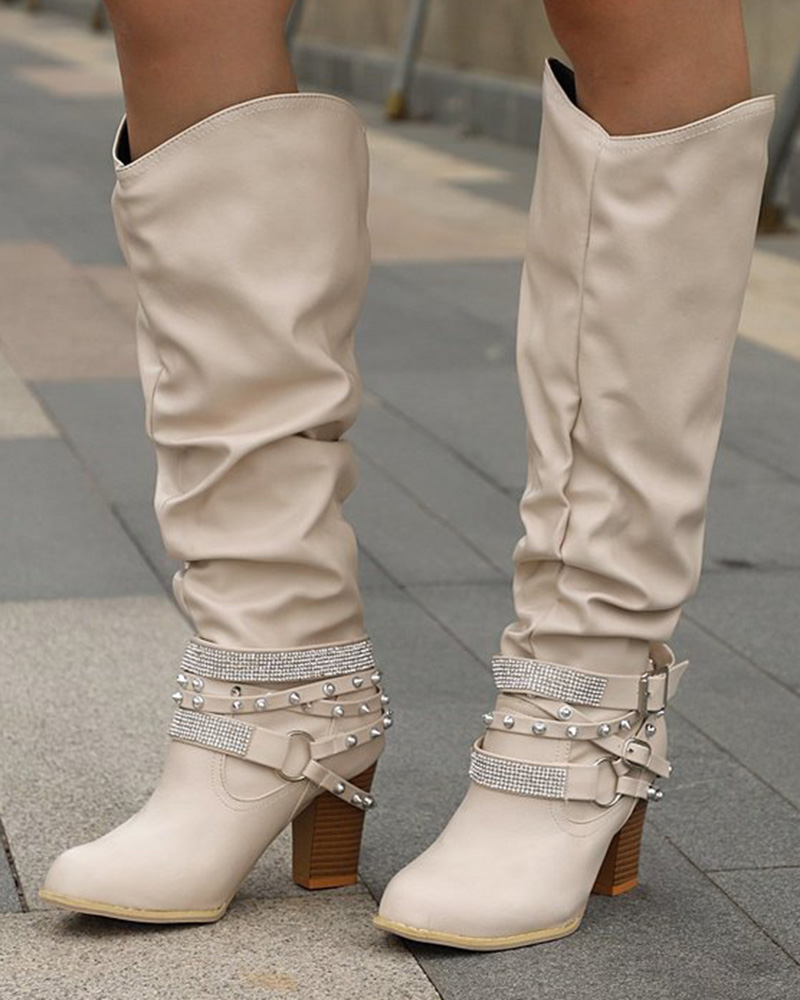 

Ruched Rhinestone Decor Studded Buckled Boots, Beige