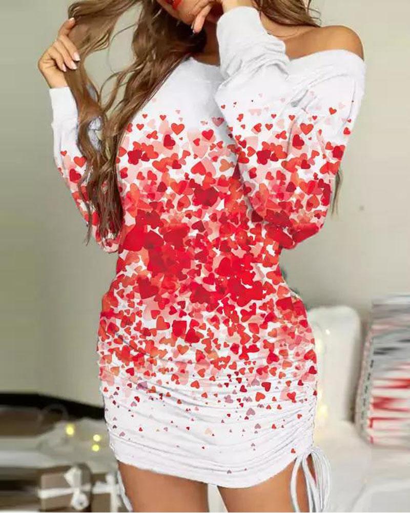 

Valentine' Day Heart Print Drawstring Sweatshirt Dress, Red