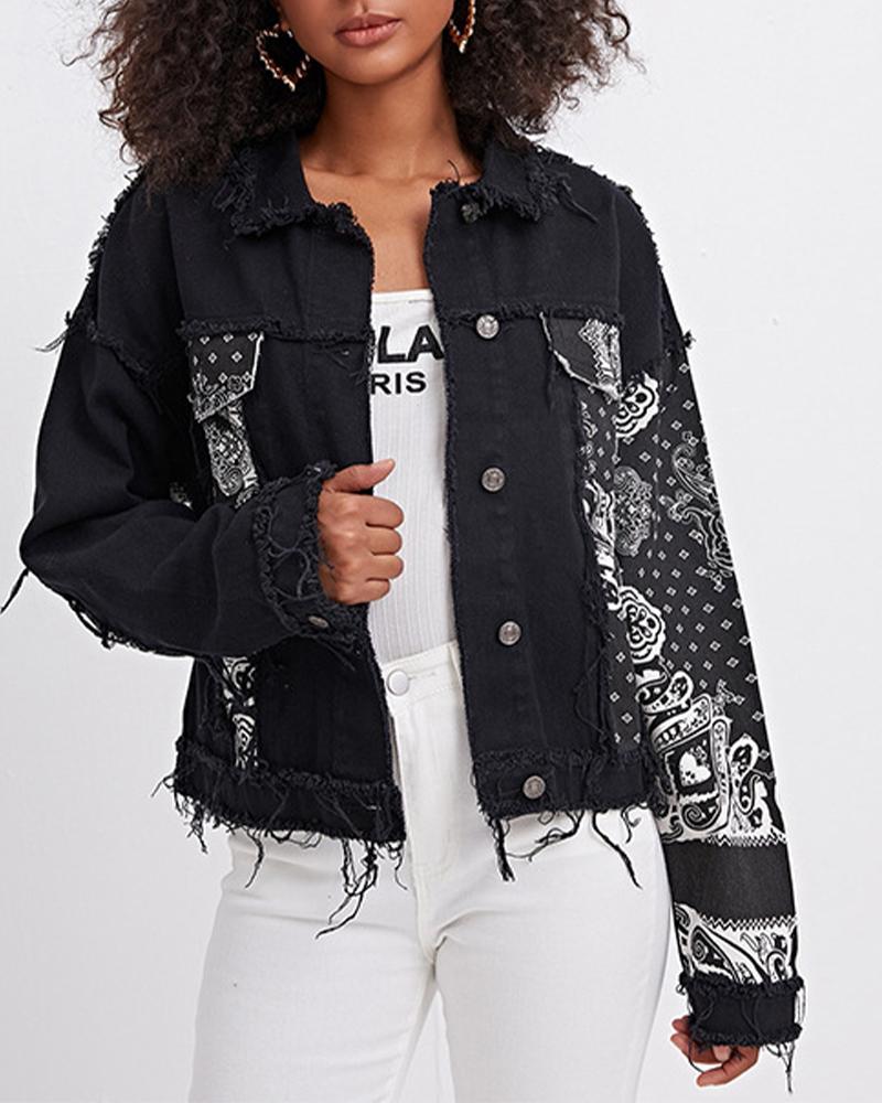 

Graphic Print Raw Hem Flap Detail Button Up Denim Coat, Black