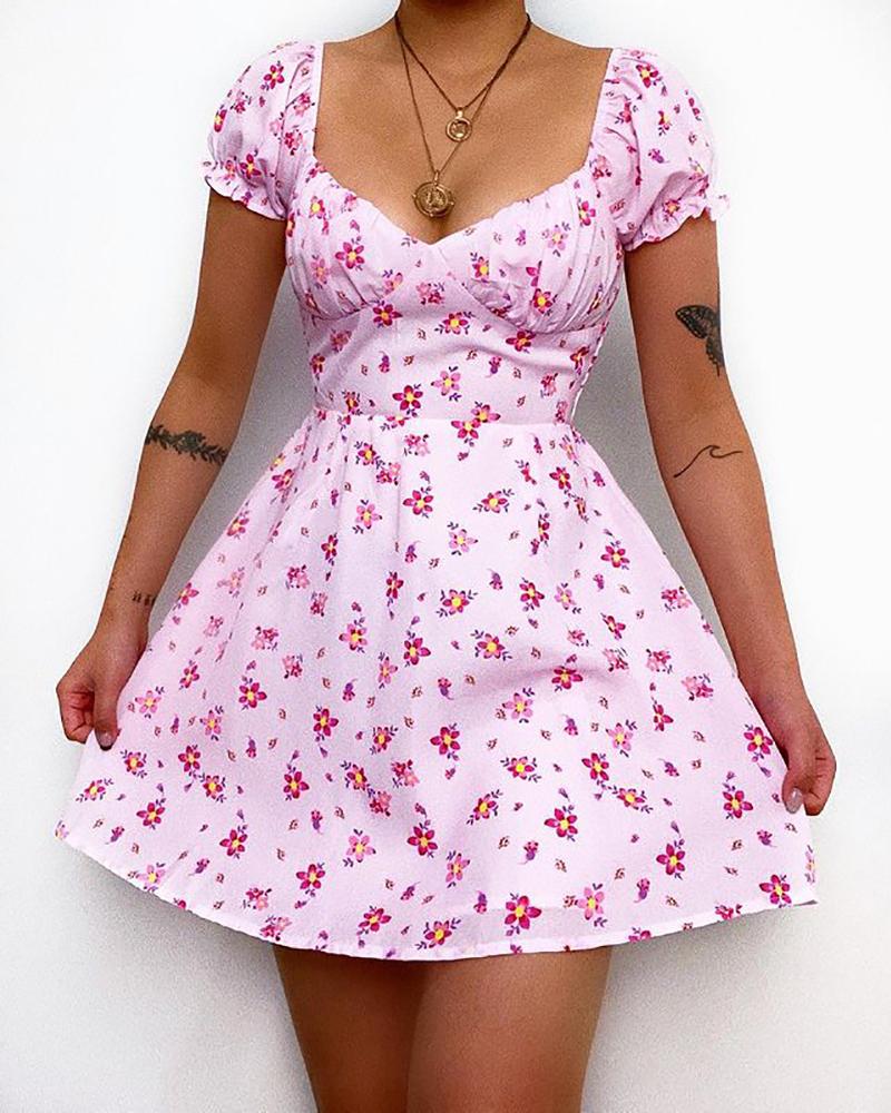

Floral Print Frill Hem Ruched Casual Dress, Pink