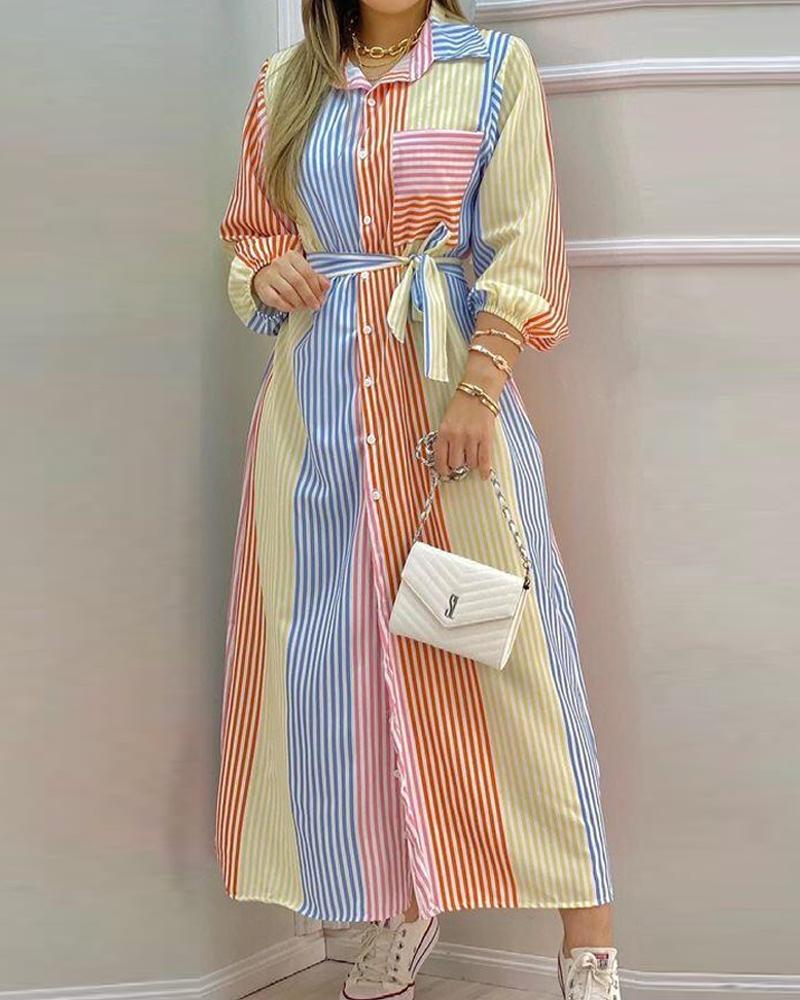 

Colorblock Striped Long Sleeve Long Shirt Dress, Multicolor