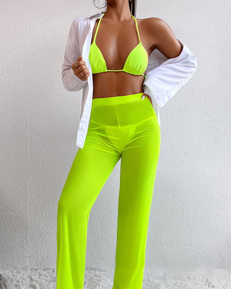 

3PCS Halter Bikini Set With Sheer Mesh Cover Up Pants, Green