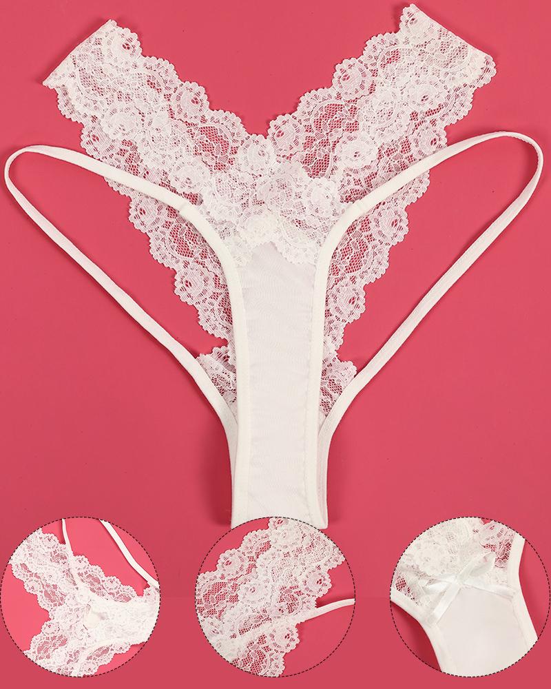 

Cutout Contrast Lace Thong Panty, White