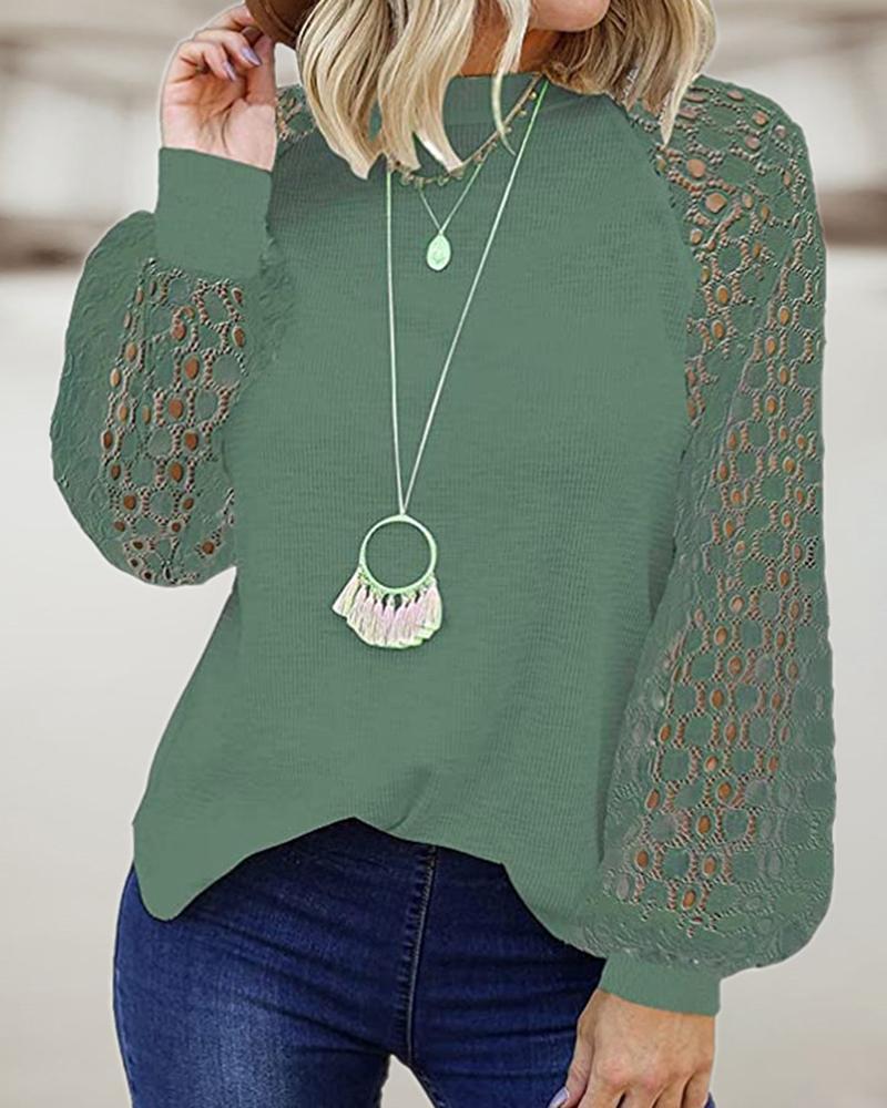

Lantern Sleeve Crochet Lace Patch Top, Green