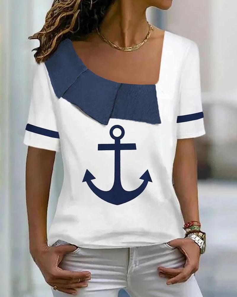 

Anchor Print Asymmetrical Neck T-shirt, White