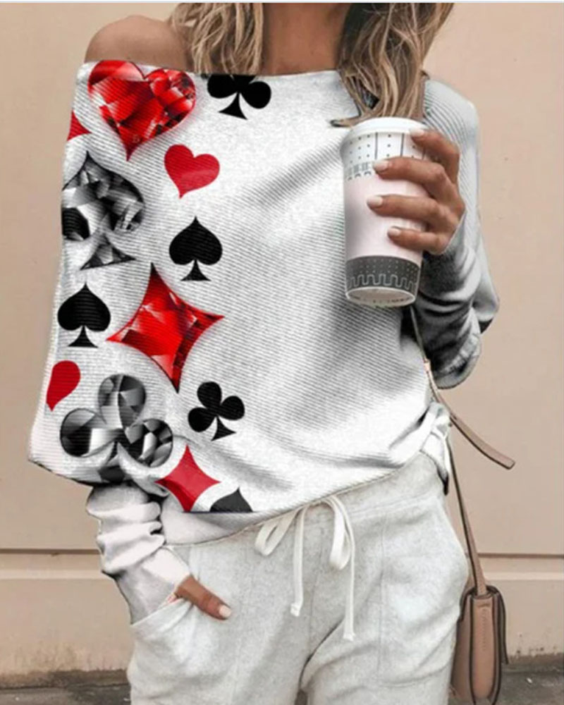 

Poker Print Batwing Sleeve Casual Top, White