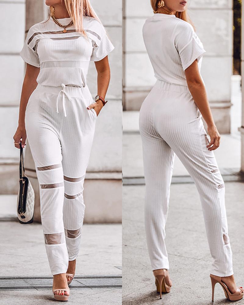 

Ribbed Contrast Mesh Top & Drawstring Pants Set, White