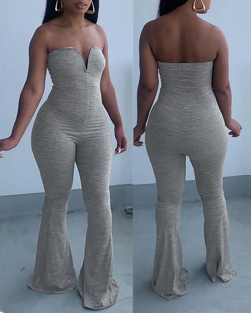 

V Cut Sleeve Bootcut Casual Jumpsuit, Gray